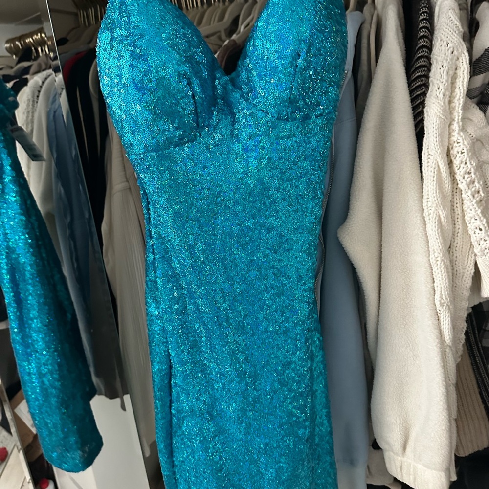 B Darlin Turquoise Sequin Prom Dress